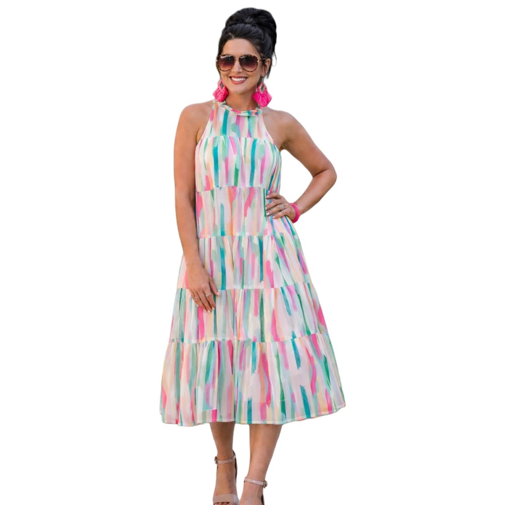 Jess Lea Watercolor Tiered Maxi Dress Size M Pastel Brushstroke Sleeveless Lined